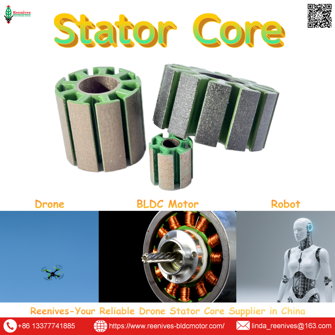 Three phase stator winding: balanced phases, high fill, Class H for reliable drone BLDC motors.
